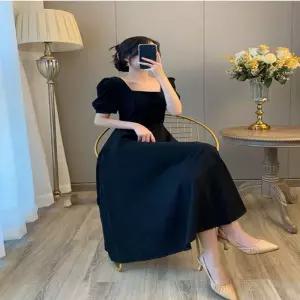 여성 블랙 롱 원피스 하객룩 플레어 스퀘어넥 반팔결혼식 피로연 돌잔치 격식 브라이덜샤워드레스 하객 자