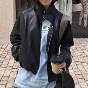 네모샵 네모엔룩 하이넥레더 여성용 밑단 스트링 집업 블루종 페이크레더 레자 시보리 인조 가죽 라이더 자