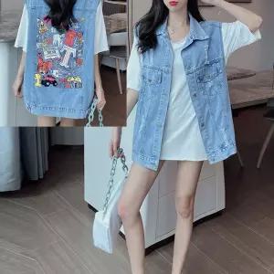카라 데님 베스트 뒷면 프린팅 스티치 루즈핏 캐주얼 여성 여름 조끼 베스트 얇은 브이넥 트위드 롱 마