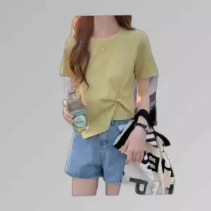 여성 셔링 언발란스 라운드 반팔 꾸안꾸티 티셔츠