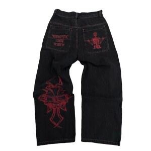 Y2K Jeans 남성용 워시 와이드 루즈 팬츠 튜브 스컬 블랙 자수 고딕 힙합 스트레이트 레그 데님 빈티지 팬츠