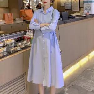 여성 빅사이즈 임부복 임산부 롱 셔츠 카라 긴팔 원피스