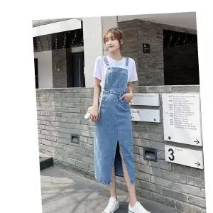 앞트임 청 멜빵 데님 롱 뷔스티에 원피스