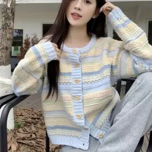 여자 라운드넥 스트라이프 파스텔 컬러 긴팔 줄무늬 가디건 여성 니트 봄가디건 가을 느낌