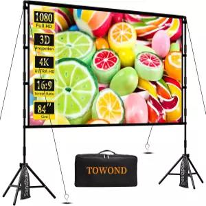 TOWOND 프로젝터 스크린 스탠드 포함 84인치 야외용 휴대 가능한 실내 프로젝션 16 9 4K 후면·전면 영화