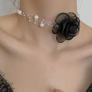 (다올)여성 진주 장미 코사지 로맨틱 초커 목걸이