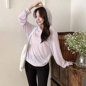 [하프클럽/]여자 배색 시스루 버튼 후드 긴팔티 후디 비침 망사