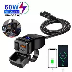 PD QC3.0 오토바이 USB 고속 충전기 60W 핸들바 듀얼 소켓 스위치 전압계 방수 12V 전원 공급 어댑터