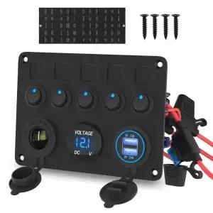 DaierTek 5 갱 보트 스위치 패널 자동차 버튼 토글 디지털 전압계 4.8A 트럭 용 듀얼 USB 포트 12V