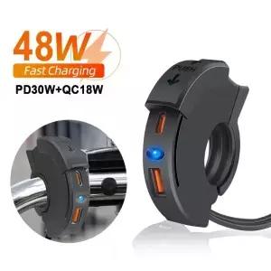 48W PD QC3.0 오토바이 USB 고속 충전기 모토 핸들 바 방수 유형 C 포트 소켓 커넥터 스위치/LED 라이트