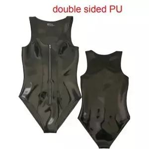 섹시한 여성용 양면 하이컷 바디수트 인조 가죽 탱크탑 웨트룩 PVC 메이드 타이츠 라텍스 방수 레오타드