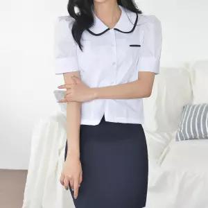 교복몰 (빅사이즈) 배색라인 둥근카라 퍼프 반팔 교복.