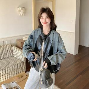 모두팜 여성 머랭 PU가죽 데님 코트 봄 재킷 MOC