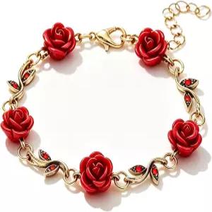 여성용 전설 14K 골드 도금 빈티지 레드 로즈 참 브레이슬릿 - 크리스탈 액센트가 있는 플라워 링크