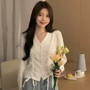 여성 V넥 블라우스 퍼프소매 셔링 빈티지 봄 가을 CXJzzs-32