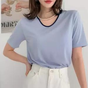[라일리여성의류] Rly 배색 브이넥 루즈핏 반팔티 블루 단색 베이직 여 51071961)