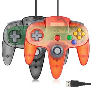 2팩 FISUPER USB N64 컨트롤러 유선 게임패드 클리어 라즈베리 파이 레드 블랙 비디오 컨트롤러 레트로피용 게임 PC 클리어 윈도우 MAC