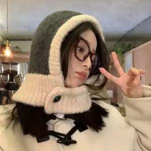 바라클라바 넥워머 배색 단추 부클 니트 후드 목토시 바라클라바 따뜻한목도리