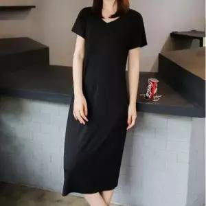 원피스 OPS 여성 반팔 브이넥 무지 베이직 롱