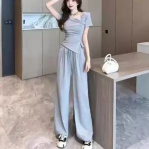 여성 여름 절개 반팔 밴딩 와이드 트레이닝 팬츠 세트 WFOAJ2B