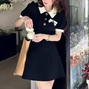 카라 배색 반팔 리본브로치 블랙 플레어미니원피스 키작녀원피스 WFOIP84