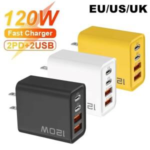 총 120W USB 충전기 4포트 PD 타입 C 고속 충전기 전원 어댑터 퀵차지 멀티 포트 EU/US/UK 플러그 벽면 충