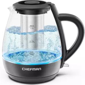 티 인퓨저가 포함된 셰프맨 전기 주전자 컴팩트 1L 4컵 1500W 간편한 청소를 위한 탈착식 뚜껑 끓이기 건조