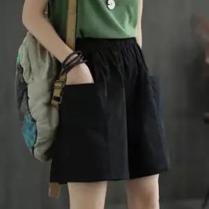 여름 여성 5부 팬츠 밴딩 빅 포켓 와이드 면 반바지 WFOR8SN