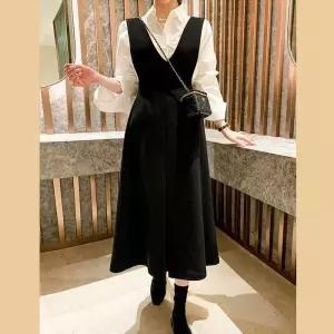 [러빙엠]브이넥 와이드 멜빵 스트랩 뷔스티에 A라인 롱 원피스 (17577718A)