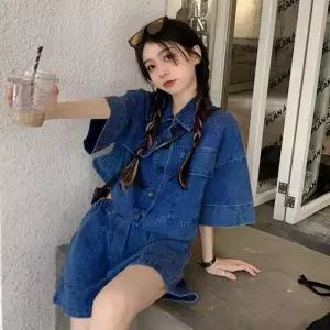 여름 가을 반팔 데님 청투피스 셋업 빈티지 스타일