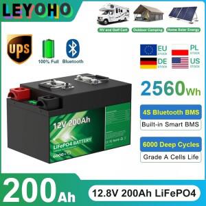 LiFePO4 12V 200Ah 배터리 팩 2.56Kwh 6000+ 사이클 블루투스 리튬 가정용 태양광 RV 에너지 저장용