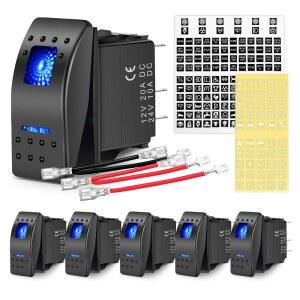 Nilight 6PCS 5핀 SPST 로커 스위치, 6세트 점퍼 와이어 포함, 20A/12V, 10A/24V 온/오프 토글 트럭, 보트, 자동차, 오토바이용 야광 스티커 2년 보증(90131F), 파란색