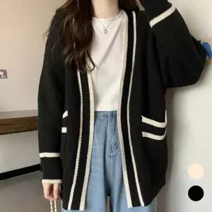 여성 배색 라인 노버튼 롱 니트 가디건 간절기 아우터