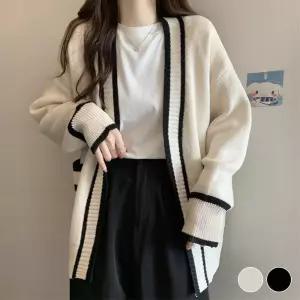 배색 롱니트 가디건 노버튼 주머니 아우터