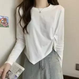 여성용 심플 사이드 티셔츠 셔링 간절기 레이어드 꼬임 언발란스 롱슬리브