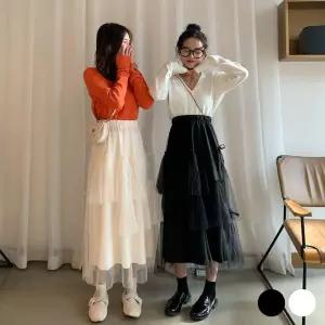 리본 장식 3단 레이스 망사 롱 스커트 샤스커트 치마
