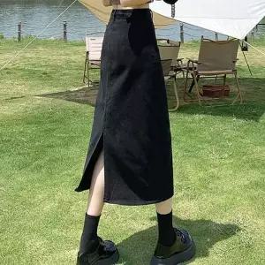 [하프클럽/]블랙 데님 롱 청치마 스커트 검정치마 뒷트임 하이웨스트 블랙