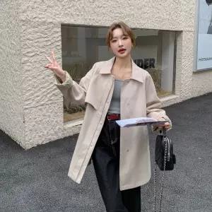여성코트 봄 트렌디 캐주얼 솔리드 심플한 질감 면 하프 트렌치코트 심쿵돌직구