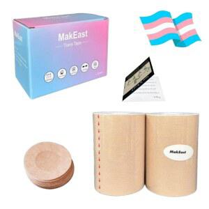 MakEast 2롤 트랜스 테이프, 초광폭 체스트 바인더용, 라텍스 프리 FTM 체스트 바인더, 니플 커버 포함, 초고점착, 방수 및 유연성, 4인치 x 16.5피트(베이지)