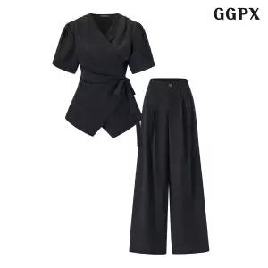 GGPX 랩스타일 V넥 블라우스 롱 팬츠 셋업 (GQBOW003D)