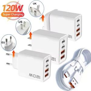총 120W 4포트 USB 충전기 USB 타입 C 고속 충전 케이블 휴대폰 충전기 범용 USB 장치 전원 어댑터 QC3.0