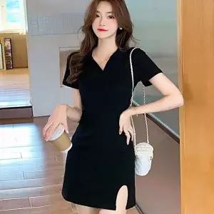 데이트룩 여성 v넥 여름 카라 반팔 미니 원피스 트임 포인트