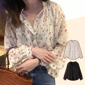 화이트블라우스 퍼프 꽃무늬 봄가을 블라우스 긴팔 쉬폰 러블리