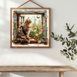 창문 속의 고양이 40X40CM/15.74인치 크로스 스티치 키트 DIY 11CT/14CT 자수 걸이 예술 및 공예품 바늘