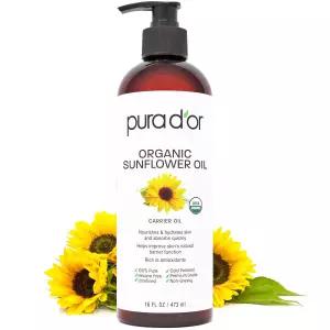 퓨라 도르 오가닉 해바라기씨 오일 (473ml) 100% 순수 천연 USDA 인증 냉압착 캐리어 - 무향, 헥산 무첨가
