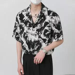 남성용 남방 여름 수묵 프린트 패션 루즈핏 반팔 캐주얼 셔츠 편안 쿨링 블라우스 티셔츠 상의