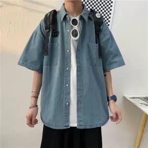 데님셔츠 여름 남성 캐주얼남성 반팔티 루즈핏 빅사이즈 데님 코트 남자반팔티