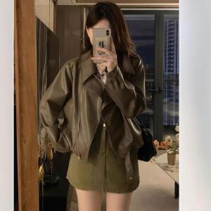 여성 브라운 PU가죽 재킷 쇼트 가을 빈티지 긴팔 라이더