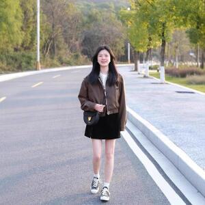 여성 브라운 가죽 코트 쇼트 봄가을 빈티지 캐주얼 라이더 재킷