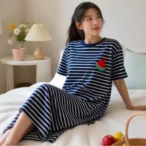 과일 패턴 체크 롱 잠옷 여성 반팔 원피스 홈웨어 박스핏 루즈핏